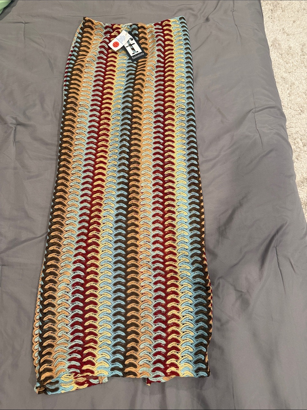 Crochet/lace Stripe Maxi Skirt in Brown, Red & Light Blue size M